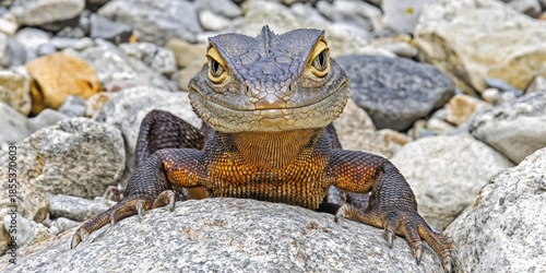 A large lizard with brown and yellow scales is resting on gray rocks. AI.
