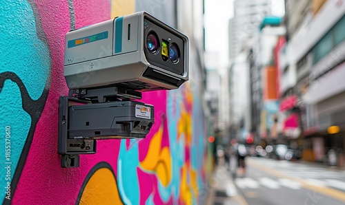 A boxy camera mounted on a colorful graffiti wall. City street with buildings visible in the background. AI.