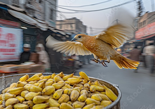 A bird with outstretched wings flies over a metal container full of yellow fruit on a busy street. AI.