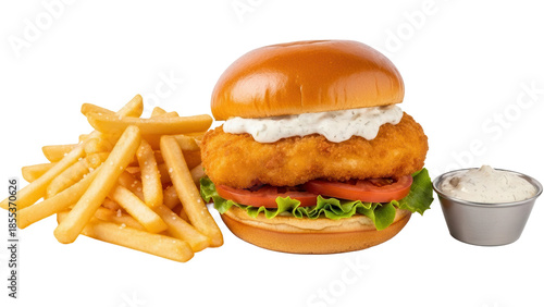 Delicious fish burger combo with tartar sauce and crispy golden french fries isolated on white background