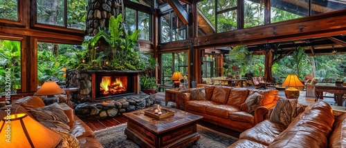 Cozy living room with stone fireplace and lush greenery outside the large windows. Leather sofas sit on a patterned rug. AI.