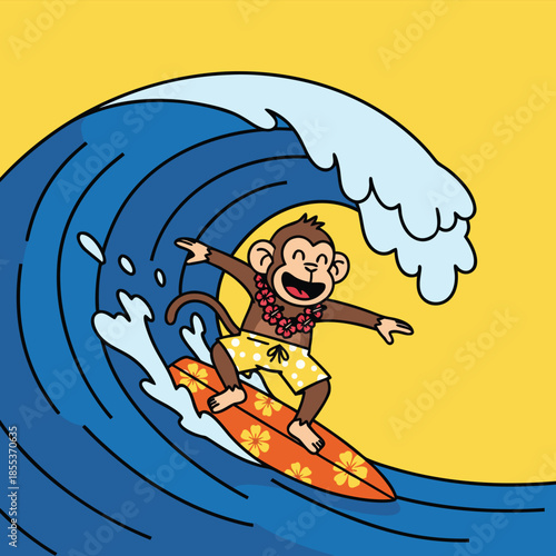 Funny monkey surfing on a big wave.