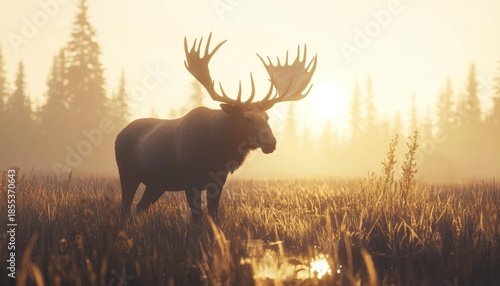 A large moose with antlers stands in a grassy field with trees in the background during a hazy sunset. AI.