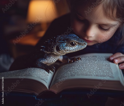 A girl reads an open book with a blue lizard perched on it. The lizard looks towards the girl. AI.