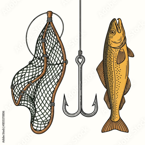 A classic, flat 2D fishing illustration depicts an old-fashioned tackle setup, featuring a traditional casting net, a sharp fishing hook, and a fresh catch isolated on a clean white background.