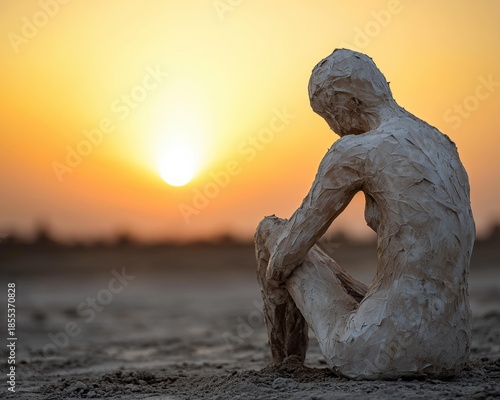 A textured statue sits on sand with arms around legs, facing a bright, orange sunset. AI.