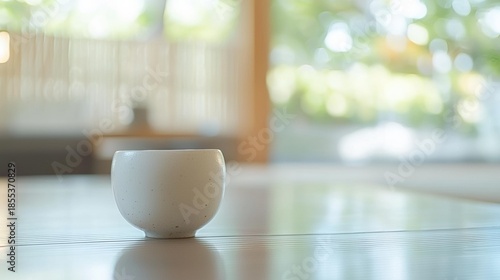 A small, white, speckled cup sits on a reflective surface near a window. The background is blurred. AI.