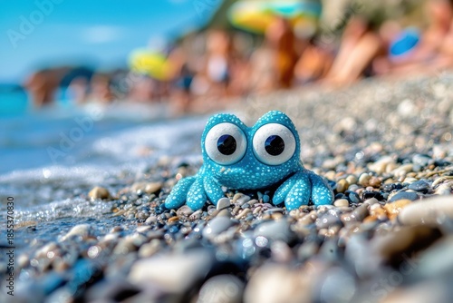 A blue, cartoon-like octopus with large eyes sits on a rocky beach near the water. People are blurred in the background. AI.
