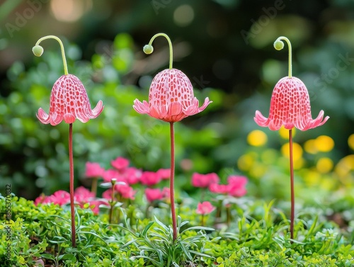 Three red-spotted, bell-shaped flowers stand tall in a garden of green foliage and pink blooms. AI.