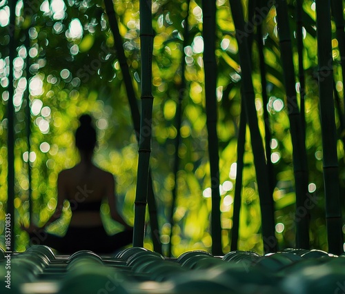 A woman meditates in the lotus position among bamboo stalks, with a blurred green background. AI.