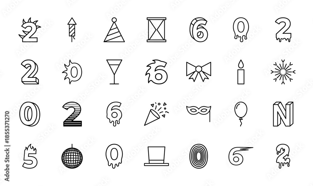 Fototapeta premium New year celebration icon set. Vector pictograms of decorative numbers, party hat, hourglass, wine glass, mask, balloon, and disco ball, thin outline illustration.