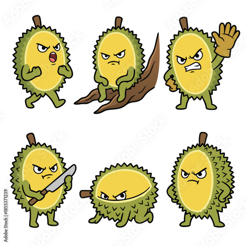 Angry Durian Fruit Cartoon Character Set.