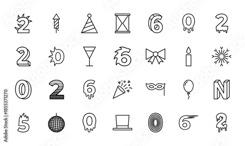 New year celebration icon set. Vector pictograms of decorative numbers, party hat, hourglass, wine glass, mask, balloon, and disco ball, thin outline illustration.