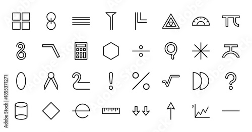 Mathematics line icon set. Vector pictograms of calculator, ruler, square, hexagon, cylinder, compass, graph, and formula symbols, black thin outline illustration.