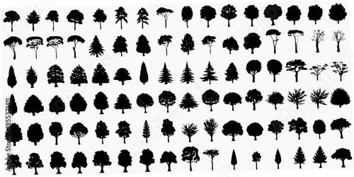A collection of black silhouette trees arranged in a grid pattern
