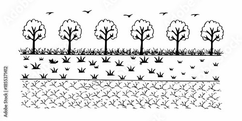 A simple black and white illustration of trees grass and roots