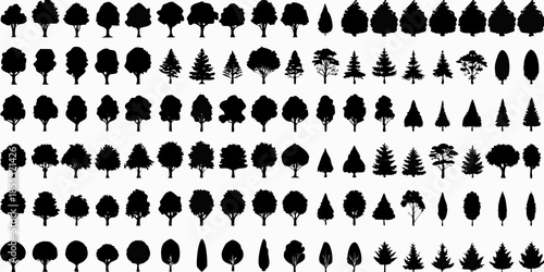 A collection of various black silhouette tree shapes arranged in neat rows