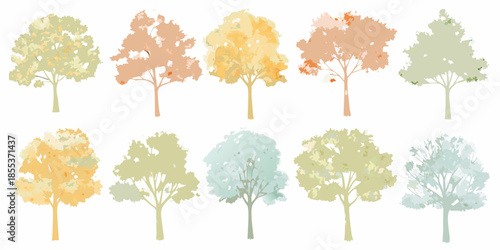 A collection of colorful stylized trees in various autumnal shades