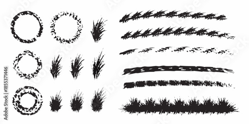 Collection of hand drawn brush strokes circles and line textures in black