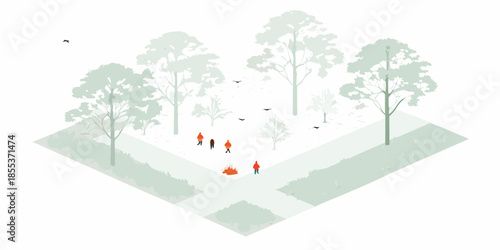 Isometric view of a park with trees people and a campfire