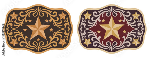 Sheriff Star Badge Rodeo Cowboy Belt Buckle, Wild West Cowboy Style Tag, Stylized Western Texas Five Point Star, Decorative Floral Frame, Vector Design