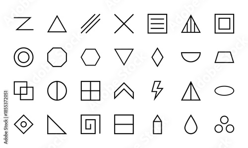 Geometric shape icon set. Vector pictograms of triangle, square, circle, octagon, hexagon, diamond, lightning, drop, spiral, and chevron, minimal line illustration.