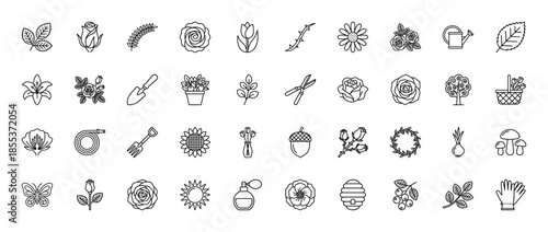 Gardening and botany line icon set. Vector pictograms of rose, tulip, daisy, sunflower, shovel, watering can, shears, gloves, and butterfly, thin outline illustration.