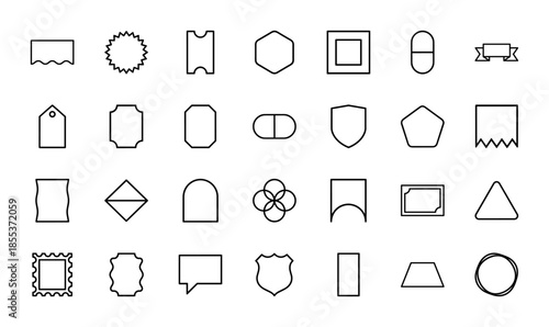 Basic shape line icon set. Vector pictograms of decorative frames, price tags, badges, banners, geometric forms, shields, tickets and stamps, thin outline illustration.