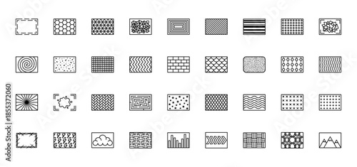 Abstract texture and pattern line icon set featuring vector pictograms of honeycomb, stripes, brick, waves, marble, dots, and geometric shapes in thin outline style.