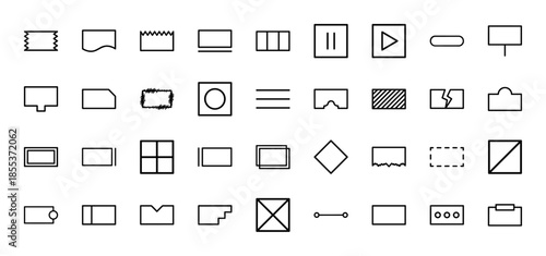 Graphic design and geometry line icon set. Vector pictograms of shapes, borders, frames, play button, pause symbol, broken rectangle, and dashed lines, thin outline style.
