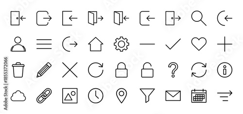Interface line icon set. Vector pictograms of login, home, gear, trash, pencil, calendar, clock, lock, search, and heart, thin outline illustration.