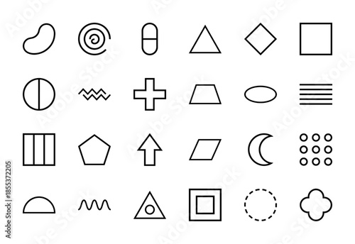 Abstract geometric and symbolic line icon set. Vector pictograms of square, triangle, circle, polygon, arrow, spiral, crescent, and wave, thin outline illustration.