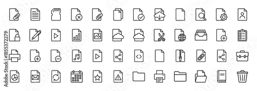 Document and file management line icon set. Vector pictograms of folder, cloud, printer, trash, lock, attachment, calendar, search, and mail, thin outline illustration.