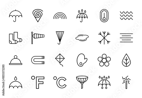 Weather line icon set. Vector pictograms of umbrella, rainbow, thermometer, windsock, snowflake, lightning, temperature, kite and rain, thin outline illustration.