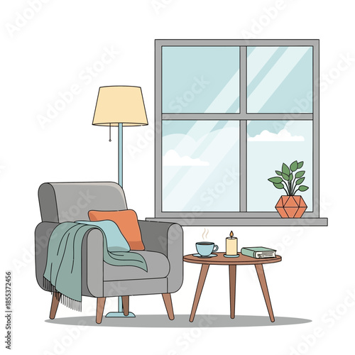 Cozy armchair by window with coffee, candle, book, and potted plant illustration