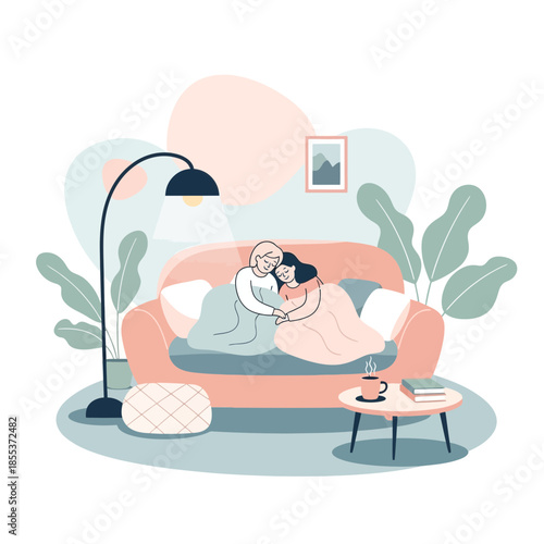 Cozy Couple Embracing on Sofa Under Blanket, Warm Home Interior with Plants and Lamp