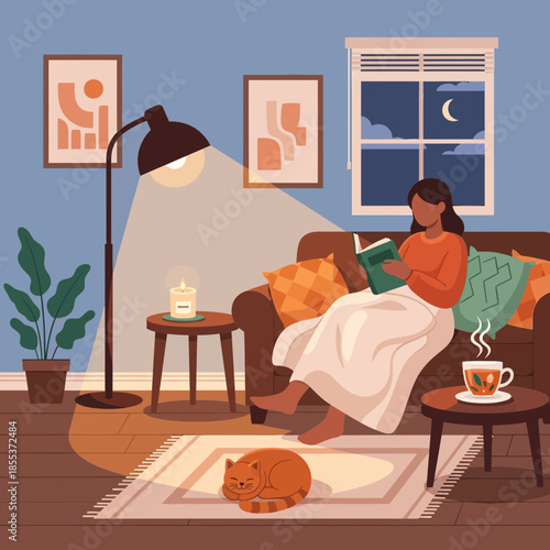 Cozy Evening Reading: Woman Relaxing on Sofa with Cat, Candle, and Tea
