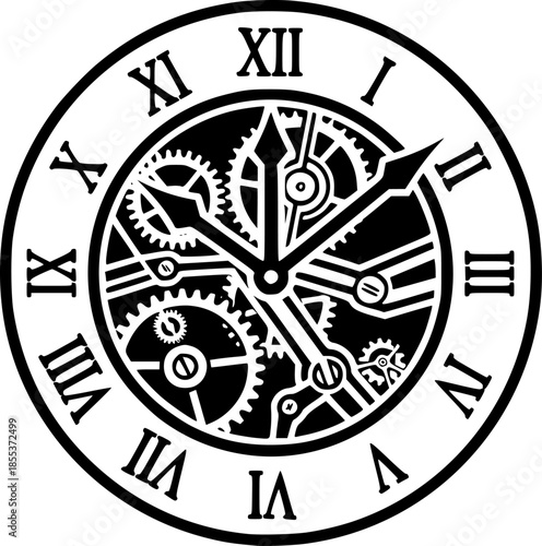 Vintage clock illustration showing time, gears, and roman numera
