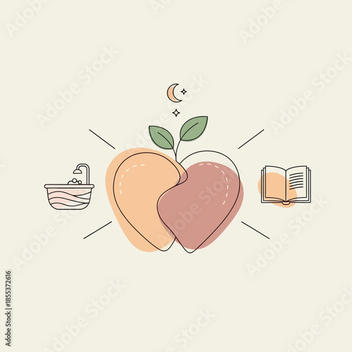Self-care heart symbol with bath, book, and moon icons - wellness concept illustration
