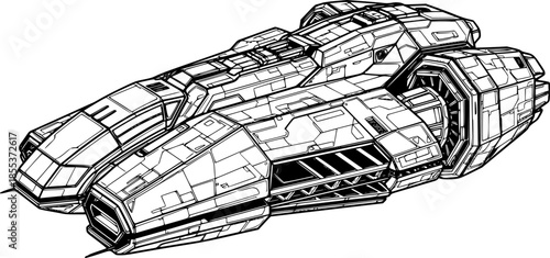 Detailed black and white drawing of a futuristic spaceship on a
