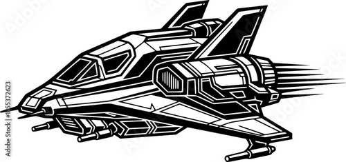 Detailed black and white drawing of a futuristic spaceship on a
