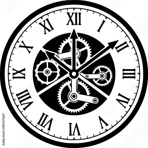 Vintage clock illustration showing time, gears, and roman numera
