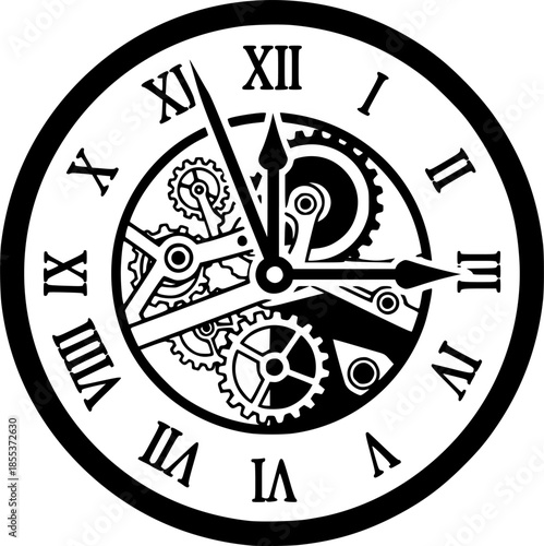 Vintage clock illustration showing time, gears, and roman numera
