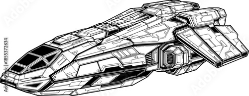 Detailed black and white drawing of a futuristic spaceship on a
