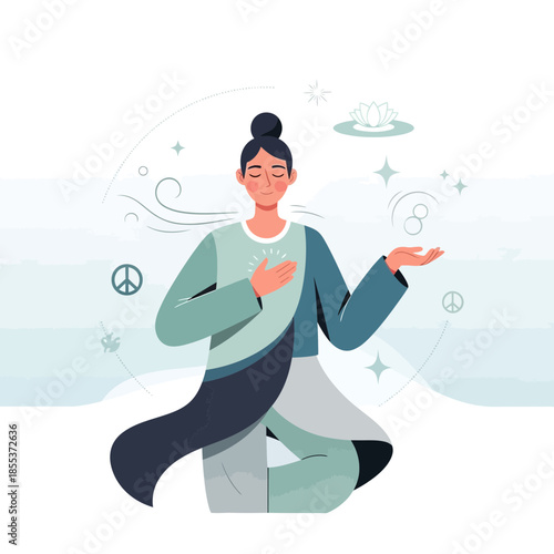 Serene woman meditating, practicing yoga, peaceful mind, spiritual enlightenment, balanced lifestyle