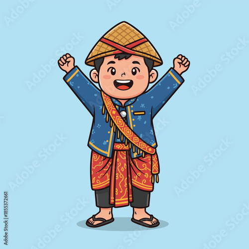 Happy Cartoon Boy in Traditional Thai Farmer Outfit.