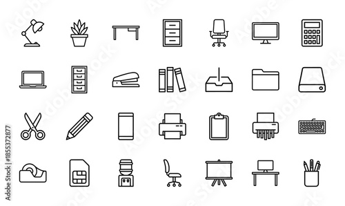 Office line icon set. Vector pictograms of desk, chair, computer, printer, file folder, stapler, scissors, and stationery, thin outline illustration.