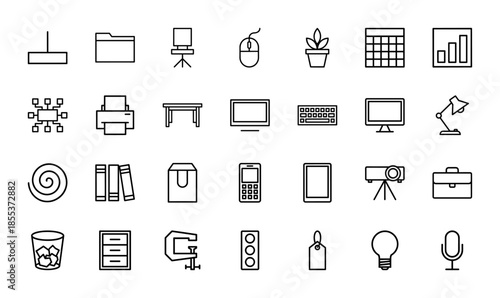 Business and office line icon set. Vector pictograms of furniture, computer, desk, folder, printer, lamp, filing cabinet, and stationery, thin outline illustration.