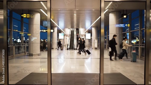 Wallpaper Mural Modern automatic sliding glass doors open and close seamlessly revealing a bustling interior of a contemporary airport terminal or large public building with people moving through the brightly lit sp. Torontodigital.ca