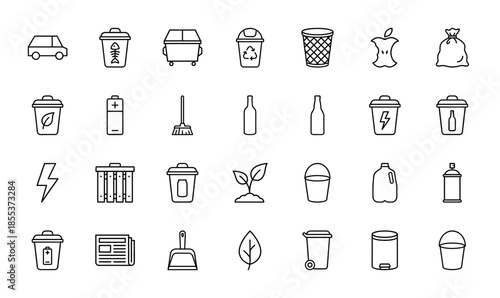 Waste management and recycling icon set featuring vector pictograms of trash bins, batteries, bottles, dumpsters, organic refuse, and cleaning tools, thin line illustration.